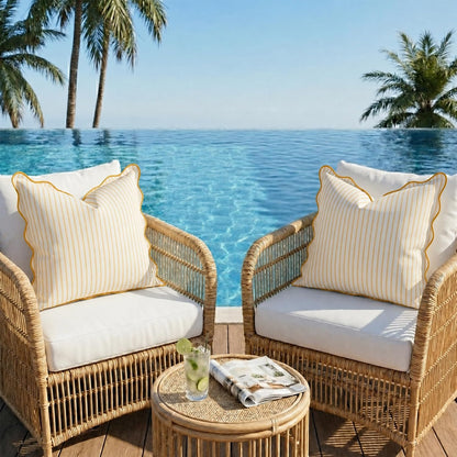 DEZENE 18x18 Yellow Outdoor Pillow Covers Pack of 2, Striped Scalloped Coastal Farmhouse Water Resistant Throw Pillow Cases Cushion Cover for Patio and Porch Decor