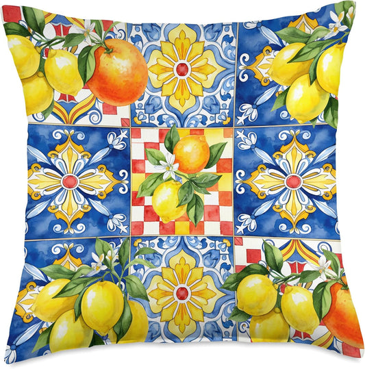 Vibrant Colorful Summer Fruits Lemon Mediterranean Art Throw Pillow