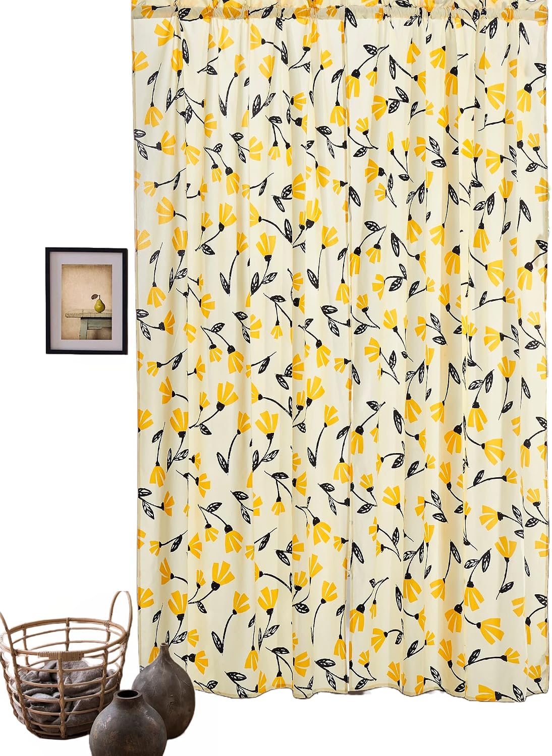 DaDa Bedding Botanical Floral Window Curtain Panels - Natural Semi Sheer Yellow Fleur Golden Orange Spring Time Tulips Straight Tailored Edge - 54 x 84