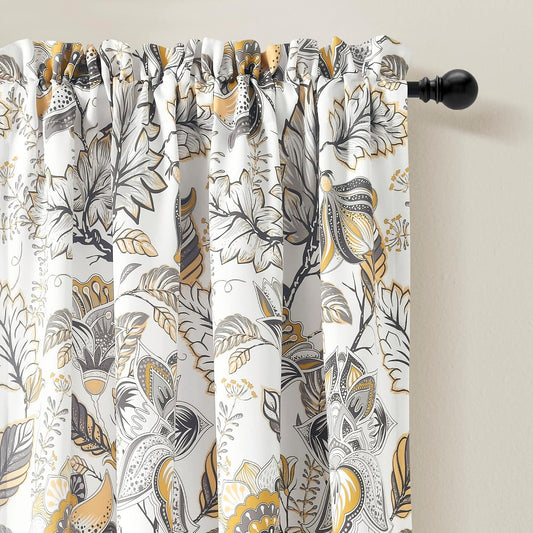 Lush Decor Cynthia Jacobean Light Filtering Window Curtain Panel Pair, 84" L x 52" W, Yellow & Gray