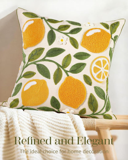 Embroidered Throw Pillow Cover - 18x18 Decorative Pillow Cover with Zipper Aesthetic Cute Design Boho Spring Summer Throw Pillowcase for Living Room Couch Sofa Bed, Branch Lemon