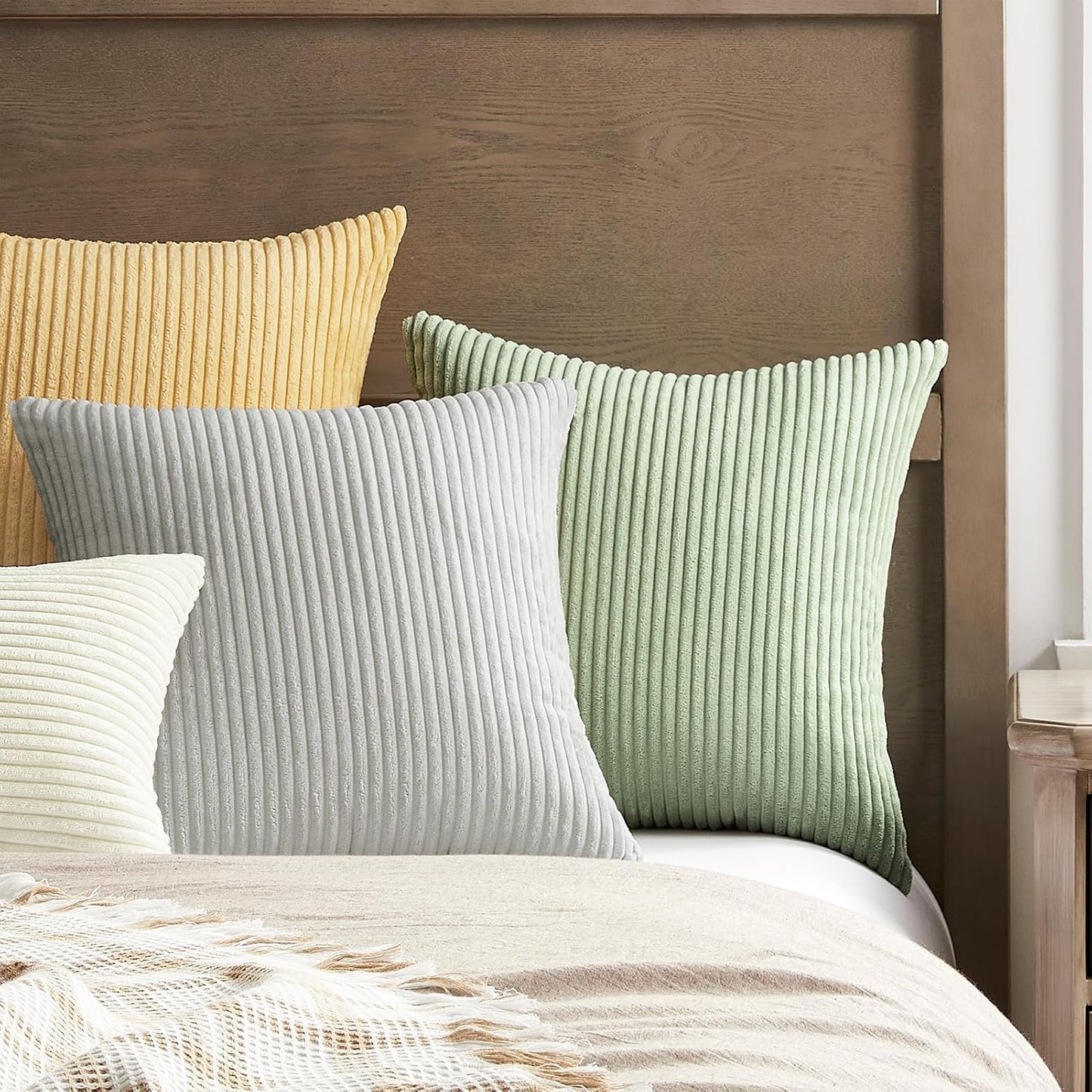 Softalker Decorative Throw Pillow Covers 18x18, Set of 2 Soft Corduroy Striped Boho Solid Pillow Cover, Modern Farmhouse Home Decor House Warming Gifts for Couch Sofa Bed Living Room, Light Yellow