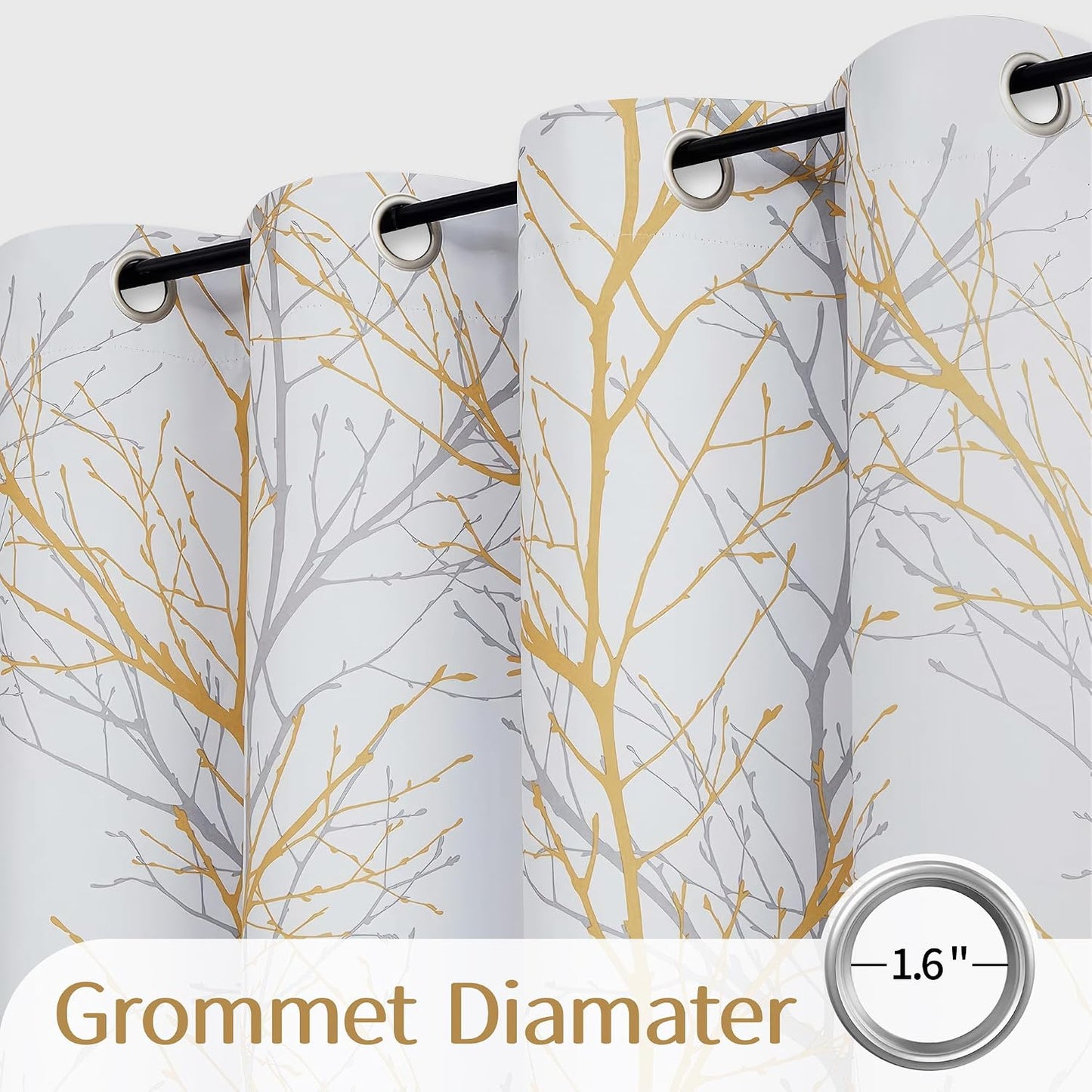 FMFUNCTEX 100% Blackout Yellow on White Tree Curtains for Bedroom, Curtains 84 Inches Long Branch Curtain Panels for Living Room, Room Darkening Thermal Insulated Window Drapes, Grommet Top 2 Panels