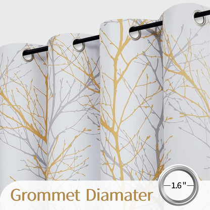 FMFUNCTEX 100% Blackout Curtains for Living Room, Yellow Grey Curtains 63 Inch Length Tree Branch Patterned Curtains for Bedroom, Thermal Insulated Farmhouse Window Treatment, Grommet Top 2 Panels