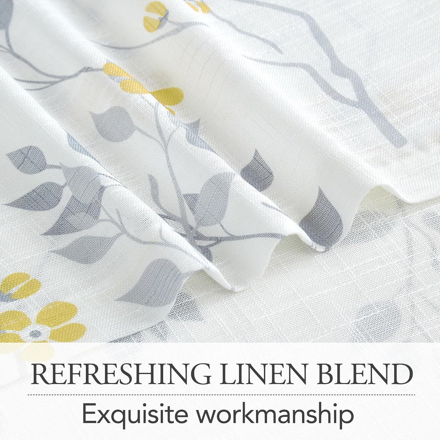 Beauoop Floral Linen Semi Sheer Curtains 84 Inches Long 2 Panels for Living Room Bedroom Yellow Grey Farmhouse Flower Patterned Light Filtering Textured Grommet Top Window Treatments Drapes, 50x84