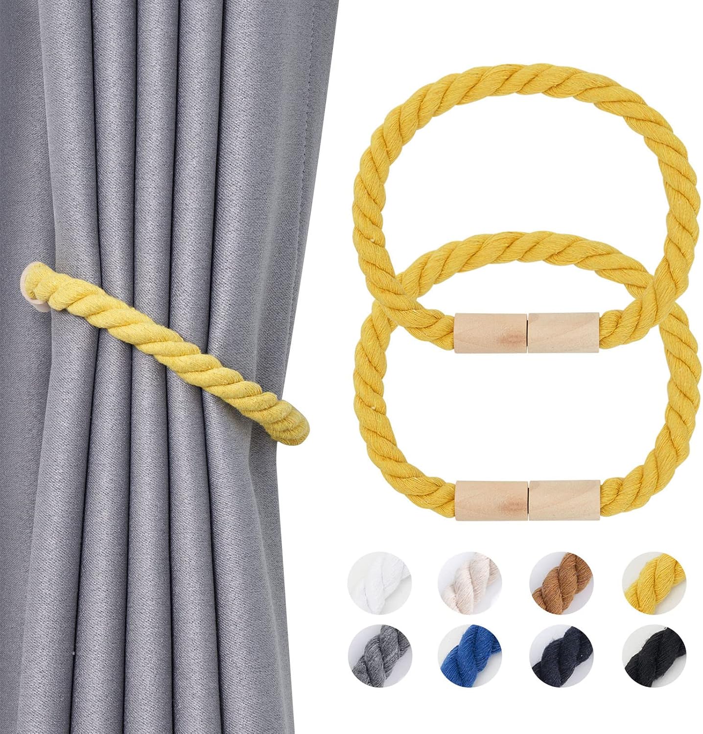 NICEEC 2 Pack Wooden Magnetic Curtain Tiebacks Boho Home Decoration Drape Tie Backs Natural Cotton Handmade Rope Curtain Holdbacks for Thin or Thick Home & Office Window Drapery (Yellow)