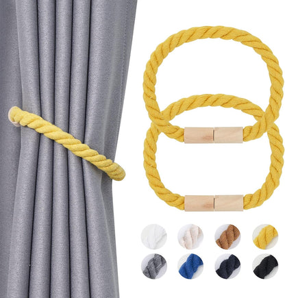 NICEEC 2 Pack Wooden Magnetic Curtain Tiebacks Boho Home Decoration Drape Tie Backs Natural Cotton Handmade Rope Curtain Holdbacks for Thin or Thick Home & Office Window Drapery (Yellow)