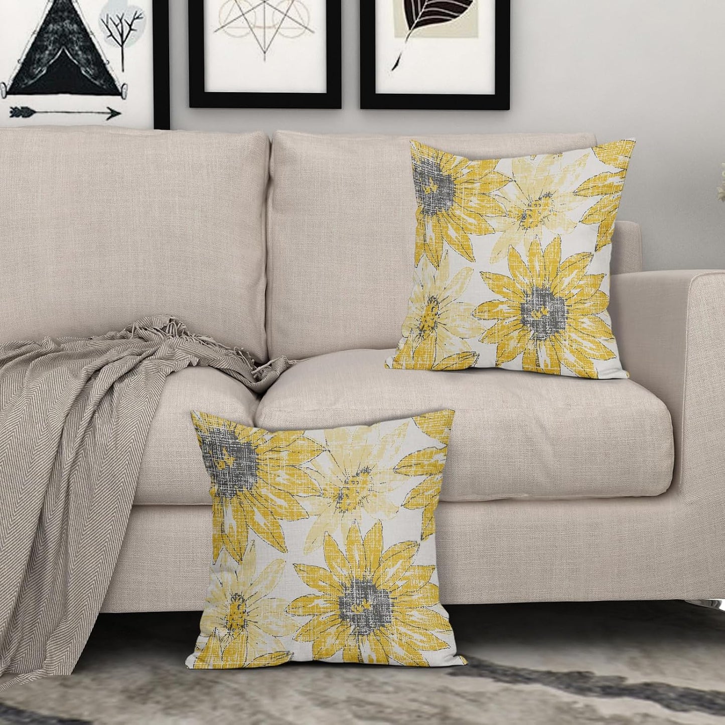 Sweetshow Dark Light Yellow Pillow Covers 16x16 Set of 2 Retro Sunflower Flowers Print Decorative Throw Pillows Outdoor Modern Art Floral Pillowcase Square Linen Cushion Case for Home Sofa Couch Bed