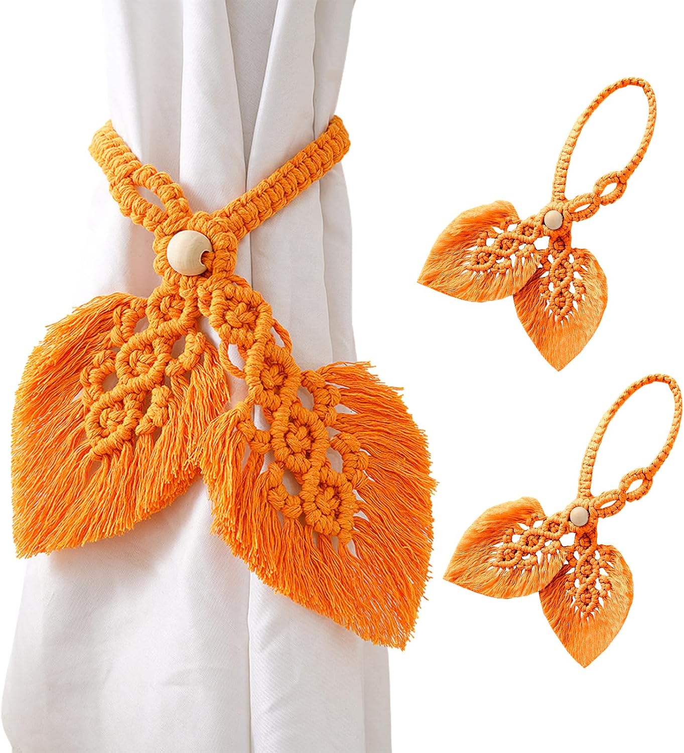 2 PCS Boho Curtain Tiebacks Wooden Bead Curtain Ties Adjustable Hand Knitting Cotton Curtain Holdbacks Woodland Curtain Tie Backs for Drapes Decorative (Yellow)