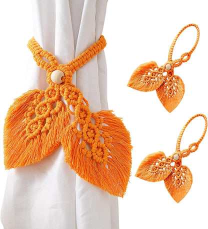 2 PCS Boho Curtain Tiebacks Wooden Bead Curtain Ties Adjustable Hand Knitting Cotton Curtain Holdbacks Woodland Curtain Tie Backs for Drapes Decorative (Yellow)
