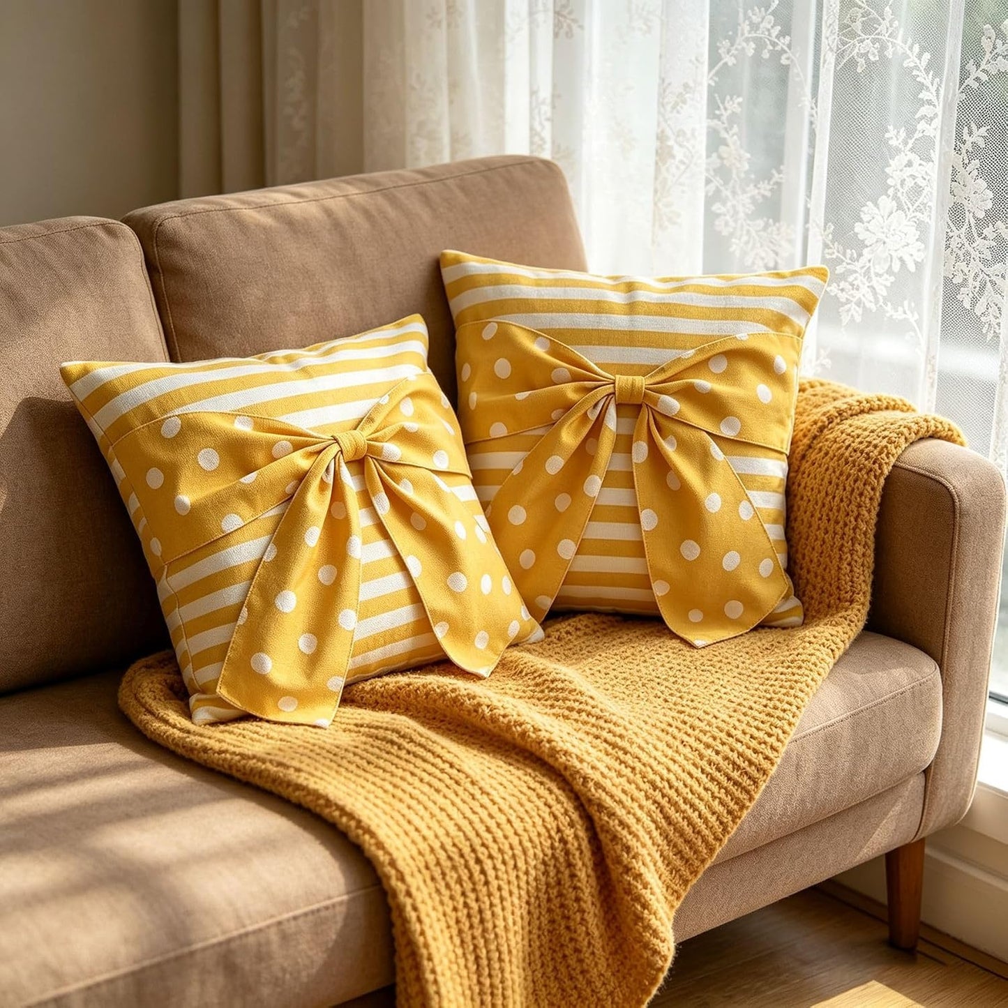 Yellow Big Bows Throw Pillow Covers Set of 2, Linen Pillow Covers with Striped Polka Dot Print, Spring Summer Decorative Cushion Cases for Safa Couch Home Decor, Yellow-Dot, 18X18 Inch