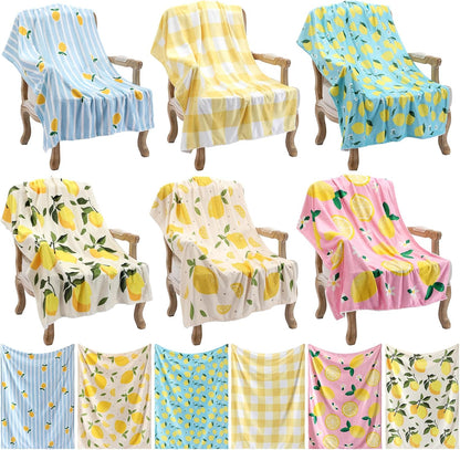 Moukeren 6 Pcs Lemon Flannel Blanket Bulk Gifts Fruit Pattern Lightweight Throw Blankets Home Living Room Sofa Chairs Decor Lemons Gifts for Mom Women Lemon Party Favors