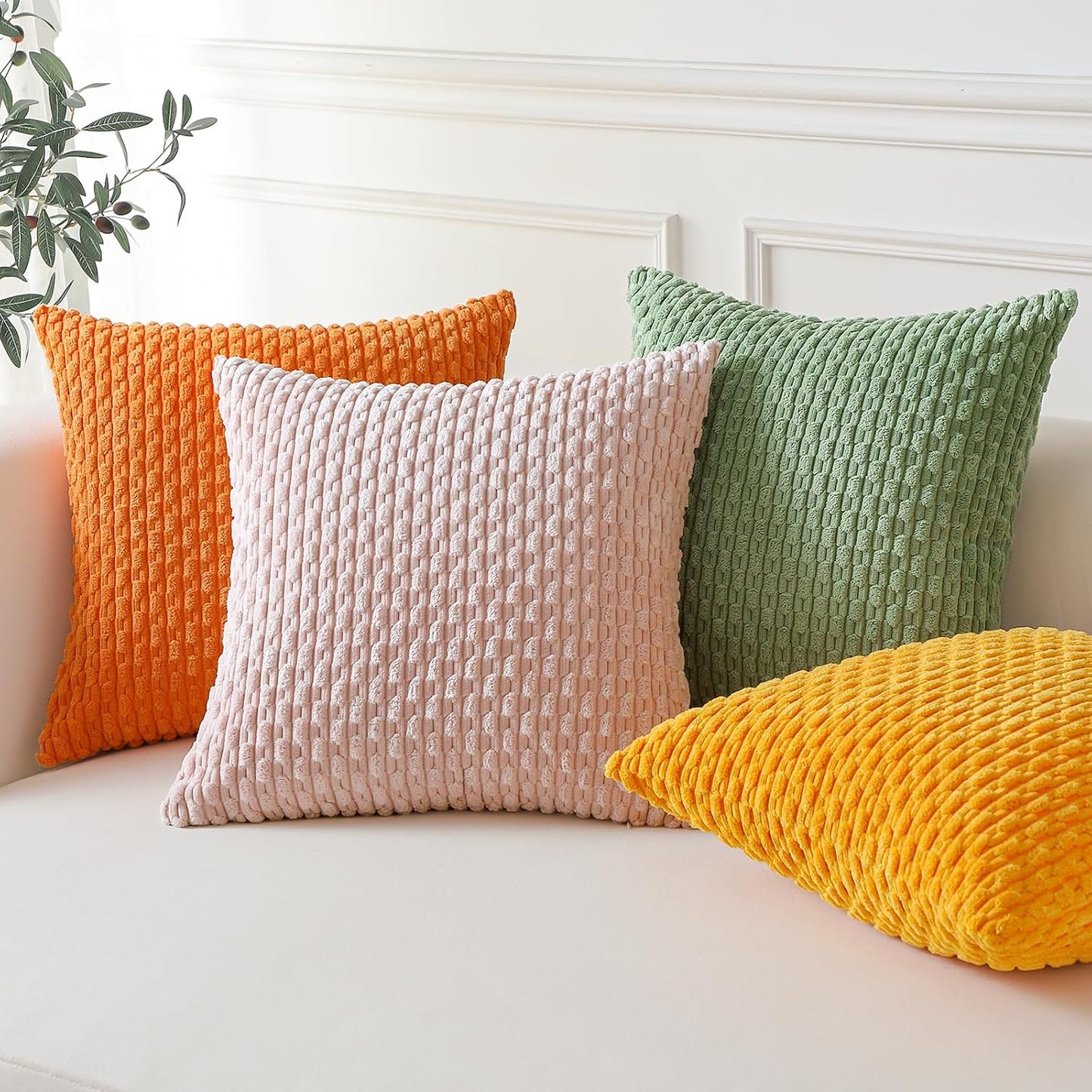 OTOSTAR Set of 4 Soft Corduroy Decorative Throw Pillow Covers 18x18 Square Striped Boho Pillow Cases for Sofa Couch Bedroom Living Room Home Decor Cushion Cover, Sage Green/Light Pink/Yellow/Orange
