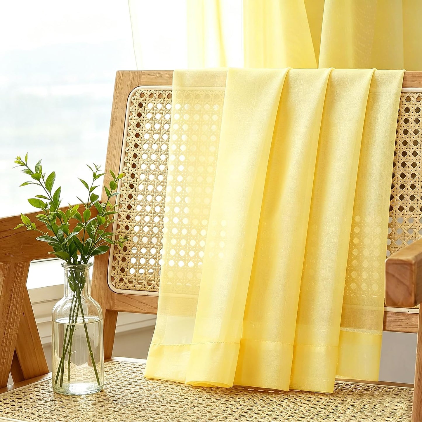 UPOPO Yellow Sheer Tier Curtains 16 inches Long Voile Kitchen Tiers Linen Textured Cafe Curtains Bathroom Basement Short Small Curtain Panels for Door Half Window Curtains 2 Panels Rod Pocket