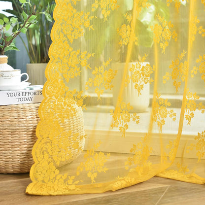 Kotile Mustard Yellow Sheer Curtains 84 Inches Long, 2 Panels Country Rustic Floral Retro Gold Lace Curtains for Living Room,Rod Pocket Light Filtering Privacy Boho Window Curtain Drapes, 52 x 84 Inch