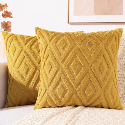 decorUhome Fall Couch Throw Pillow Covers 18x18 Set of 2, Decorative Soft Plush Faux Fur Wool Accent Pillow Covers for Modern Farmhouse Bed Sofa Living Room, Mustard Yellow