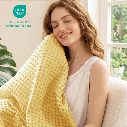 Exclusivo Mezcla Pre-Washed 100% Cotton Waffle Blanket King Size for Bed, 330GSM Lightweight Breathable Summer Blankets, Soft and Cozy, Home Decor, Yellow, 104x90 Inches