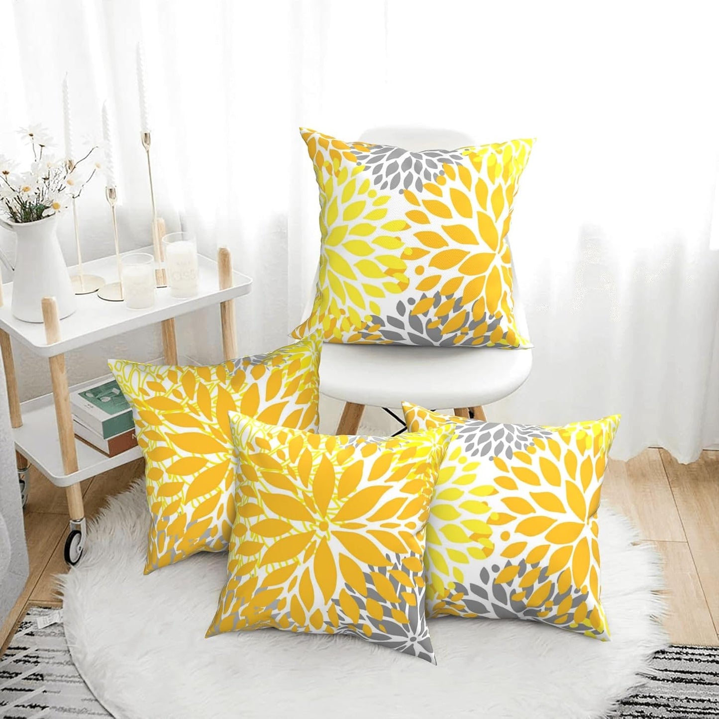 Yellow Pillow Covers 18x18 Inch Set of 4 Yellow Gray Dahlia Flower Throw Pillows Modern Geometric Floral Square Cushion Covers for Sofa Couch Bed Living Room Decorative Pillowcases