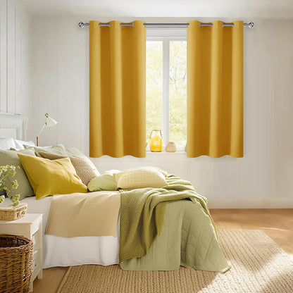 Hiasan Short Blackout Curtains for Bedroom - Thermal Insulated & Light Blocking Window Curtains for Living Room, 2 Drape Panels Sewn with Tiebacks, Mustard Yellow, 38 x 45 Inch