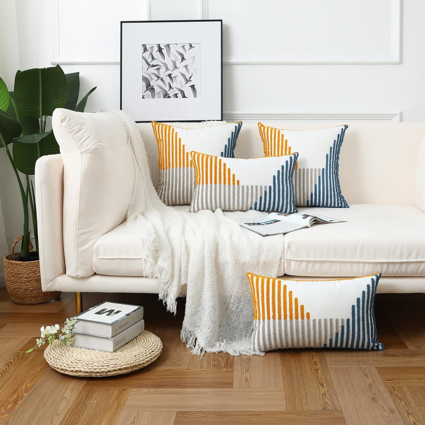 Boho Throw Pillow Covers 18x18 Pack of 2 Modern Striped Patchwork Farmhouse Pillow Covers Decorative for Couch Sofa Bed Outdoor Yellow and Blue Throw Pillow Covers