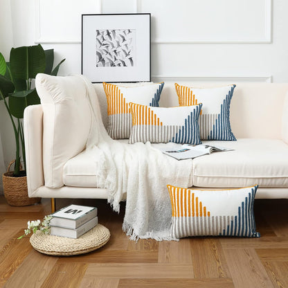 Boho Throw Pillow Covers 18x18 Pack of 2 Modern Striped Patchwork Farmhouse Pillow Covers Decorative for Couch Sofa Bed Outdoor Yellow and Blue Throw Pillow Covers