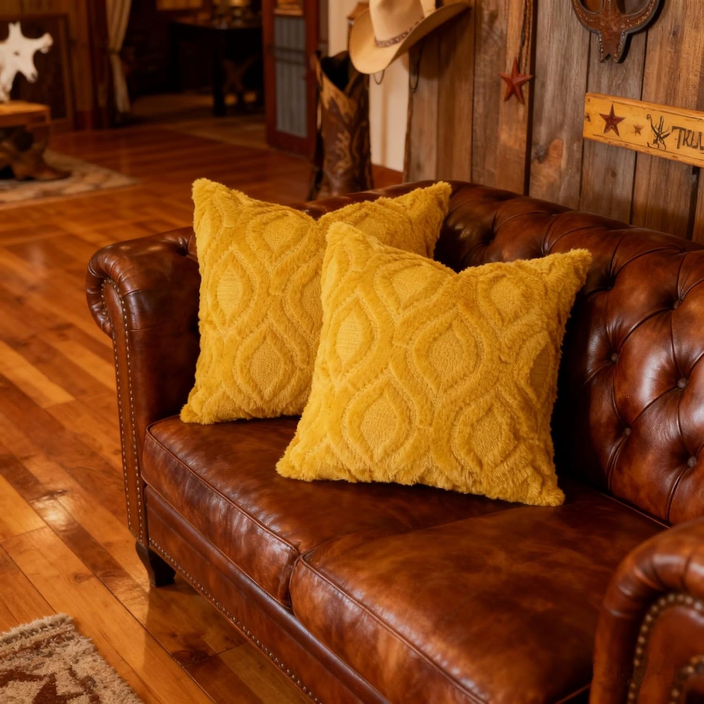 Pack of 2 Fall Decorative Throw Pillow Covers 18x18, Soft Plush Faux Fur Wool Couch Cushion Pillow Covers Cozy Boho Farmhouse Square Pillow Case for Living Room Sofa Bed Home Decor, Mustard Yellow