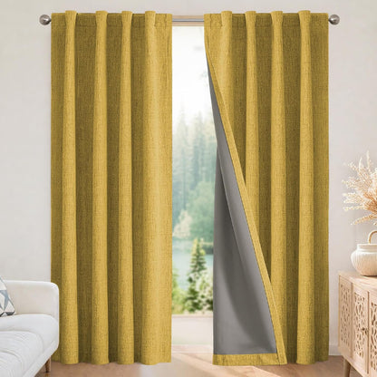 Joydeco Linen Blackout Curtains for Bedroom - 100% Light Blocking 1 Panels, Yellow Drapes 100" W x 90" L, Thermal Insulated Room Darkening Curtains for Living Room, Rod Pocket & Back Tabs