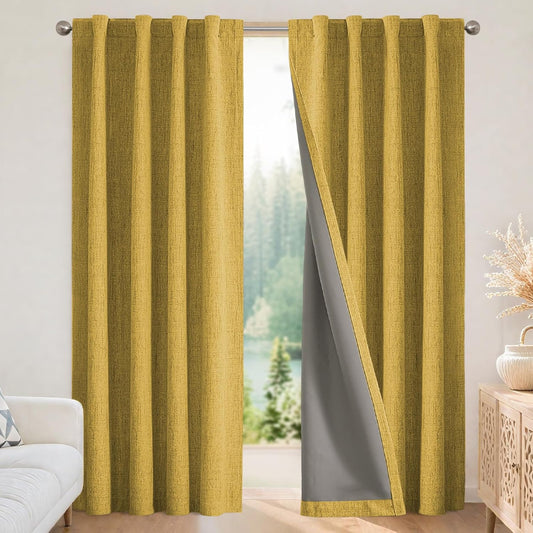 Joydeco Blackout Curtains for Bedroom - 72 Inch Long 100% Light Blocking 2 Panels Set Yellow Drapes, Thermal Insulated Room Darkening Curtains, Linen Textured for Living Room, Rod Pocket & Back Tabs