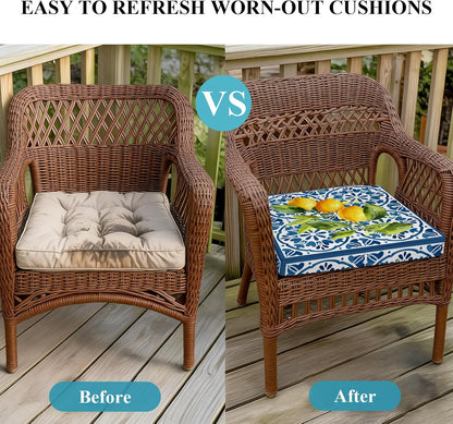 Yellow Lemon Indoor/Outdoor Seat Cushions Cover, Summer Country Fruits Italian Style Blue Waterproof Patio Chaise Lounge Cushion Cover for Beach Pool Side Chair Cushions 20''x18''x2pcs