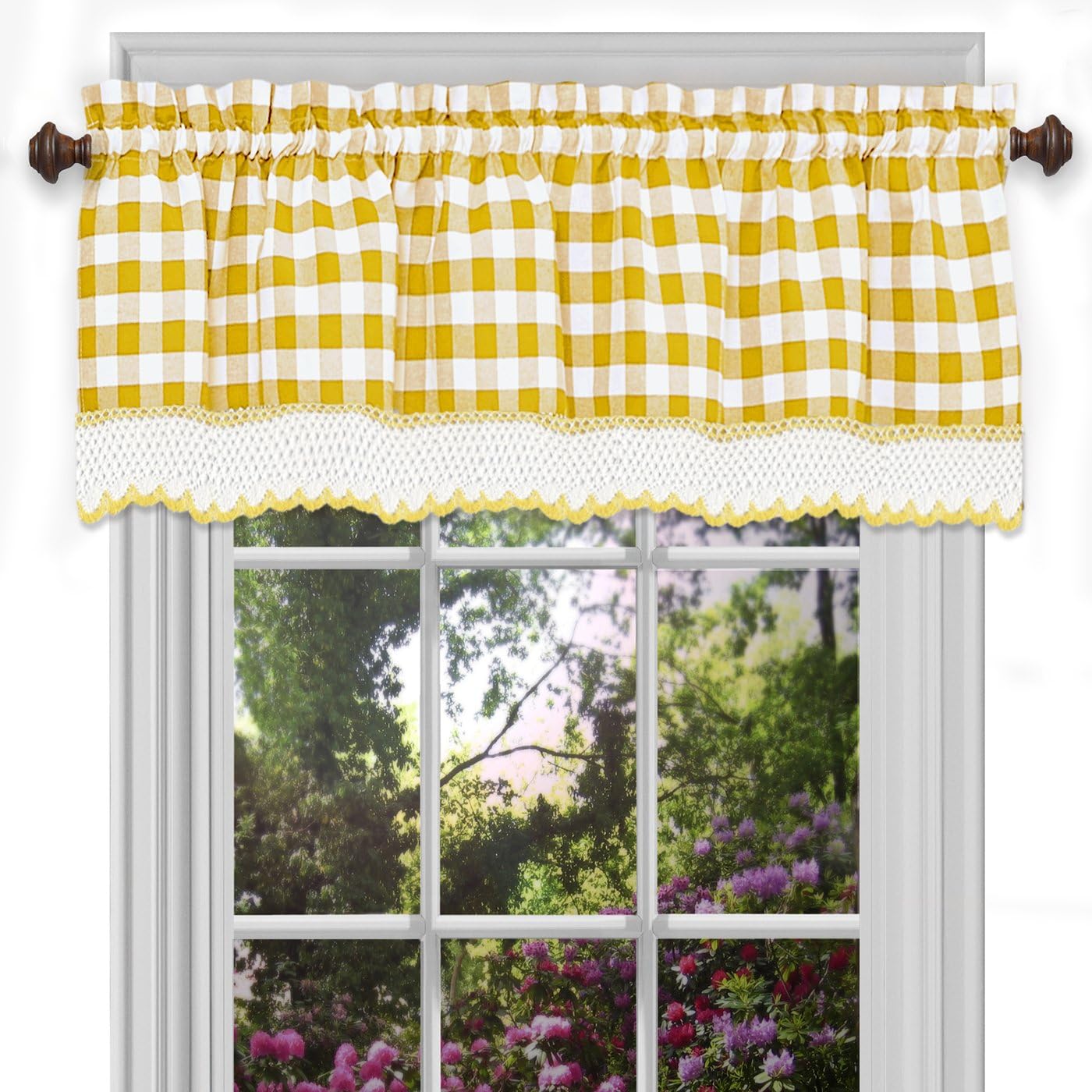 Woven Trends Farmhouse Curtains Kitchen Décor, Buffalo Plaid Valance, Classic Country Plaid Gingham Checkered Design, Farmhouse Décor, Window Curtain Treatments (Yellow, 24" Tier Pair)
