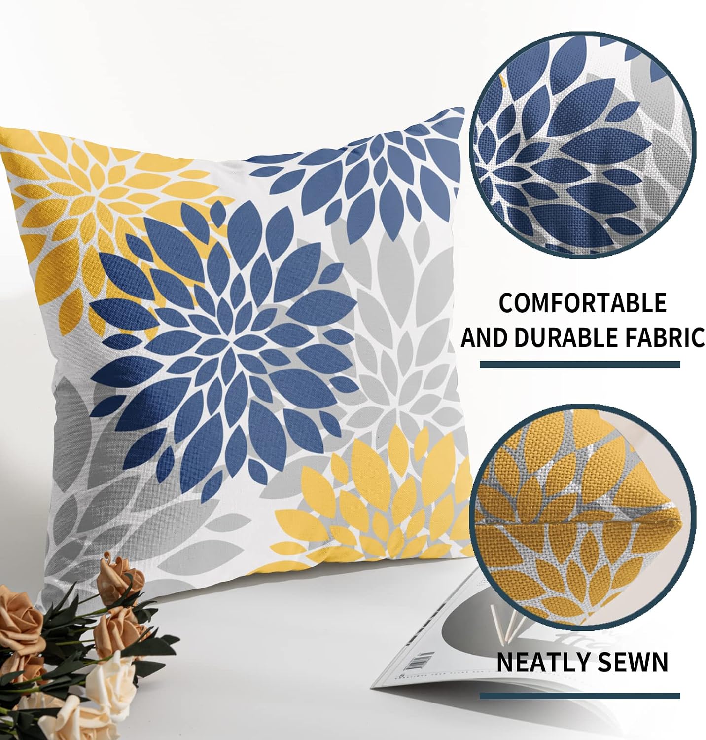 Navy Blue Yellow Pillow Covers 16x16 Set of 2 Grey Gray Dahlia Flower Outdoor Decorative Throw Pillows Modern Geometry Art Farmhouse Pillowcases Linen Cushion Case Decor for Home Sofa Couch Bed