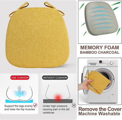 SINOSSO 4 Pack Memory Foam Chair Cushions for Dining Chairs, Friendly Woven Fabric 16" U-Shape Comfortable Kitchen Chair Pads, Removable Slip Resistant Seat Cushions (Set of 4, Yellow)
