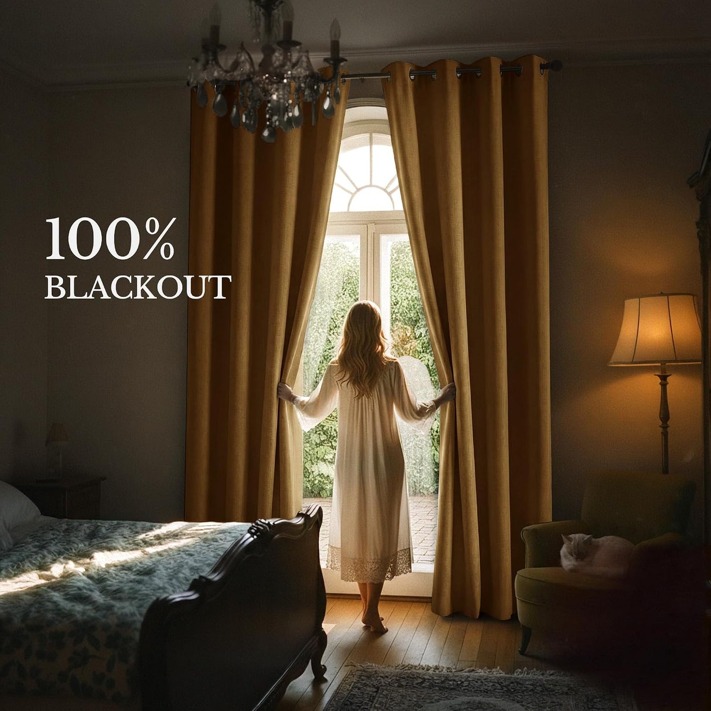 NICETOWN Full Blackout Mustard Yellow 96" Long Curtains for Living Room, 52" W Grommet Farmhouse Drapes Insulated Flax Textured Full Light Blocking Window Draperies for Bedroom, 2 Panels Set