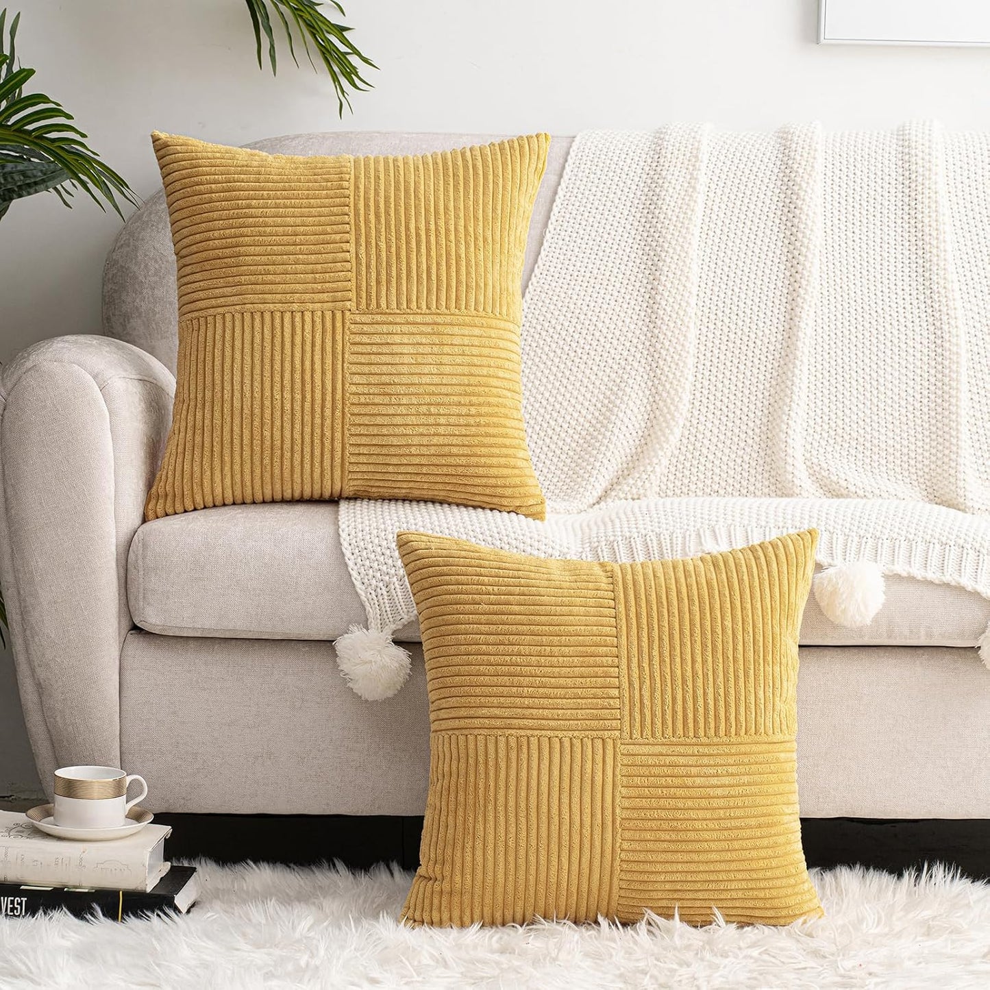HWY 50 Mustard Yellow Corduroy Patchwork Throw Pillow Covers 12x20 Inch Rectangle, Set of 2, Soft Cozy Textured Decorative Cushion Cases for Couch Sofa Bed Living Room, Boho Striped Home Decor