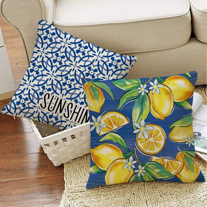 Blue Lemon Decorative Throw Pillow Covers 18 x 18 Set of 4, Amalfi Coast Italy Tile Pattern Plaid Floral Home Sweet Home Outdoor Decor, Summer Mediterranean Sunshine Farmhouse Couch Cushion Case