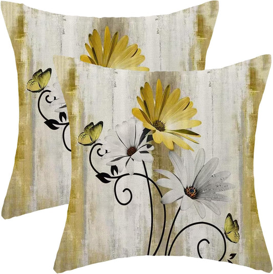 Yellow Pillow Covers 18x18 Inch Set of 2 Vintage Yellow White Daisy Floral Throw Pillows Spring Summer Flower Butterfly Pillowcases Linen Outdoor Decor Cushion Covers for Sofa Couch