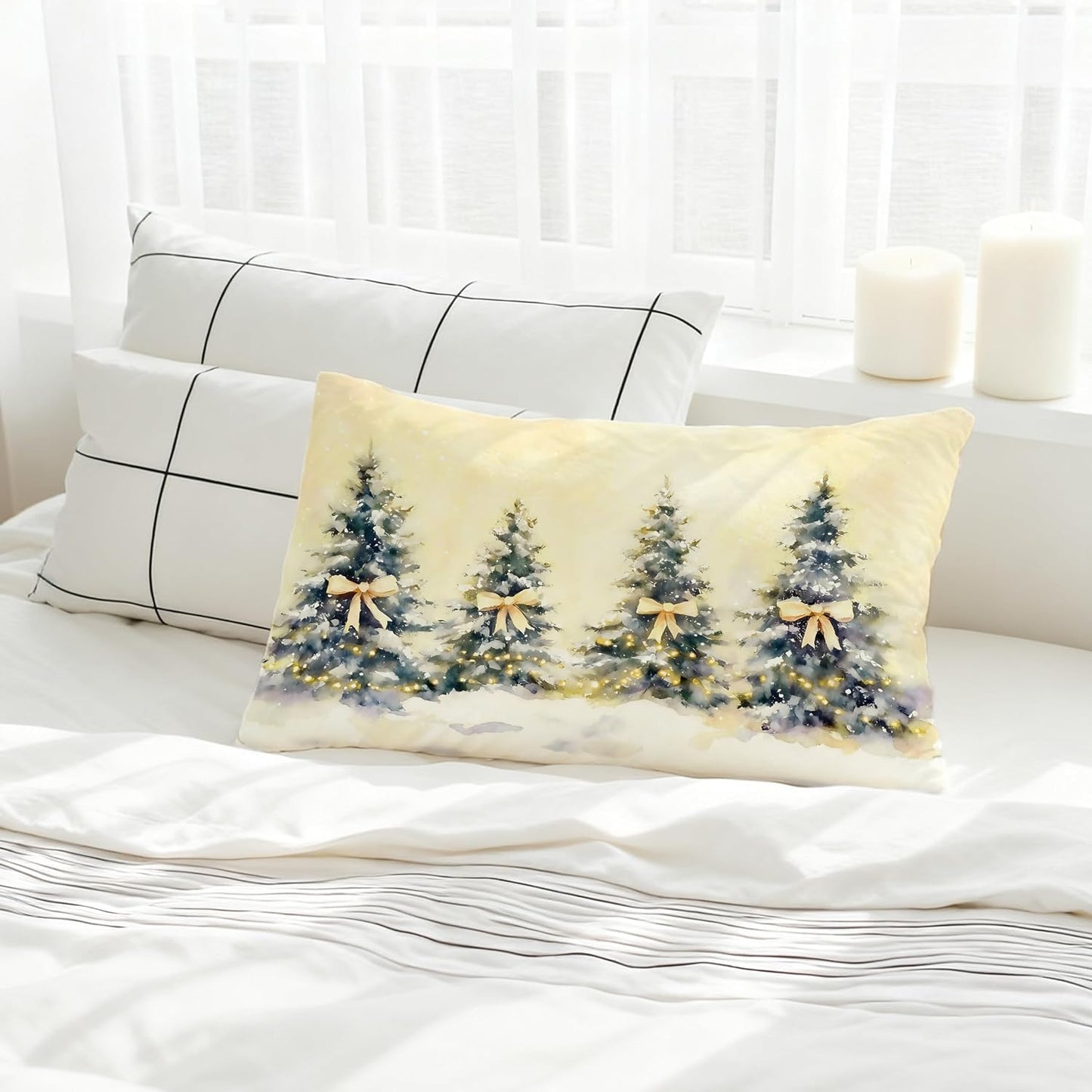 Coquette Yellow Bow Christmas Tree Lumbar Pillow Covers 12x20, Coquette Christmas Decor, Girly Xmas Tree Holiday Decorative Throw Pillow Covers for Living Room Home Bedroom