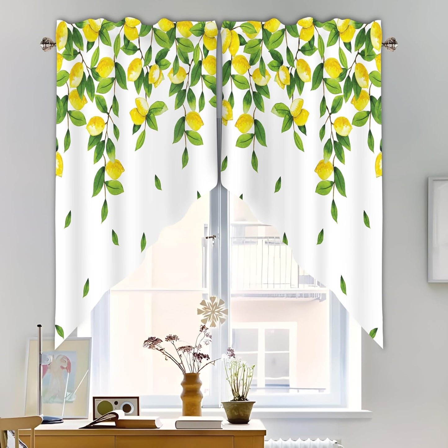 Lemon Swag Curtain Valance for Windows,Yellow Green Window Treatments Short Swag Topper for Kitchen Windows Bathroom Bedroom,28 x 36 Inch, 1 Pair