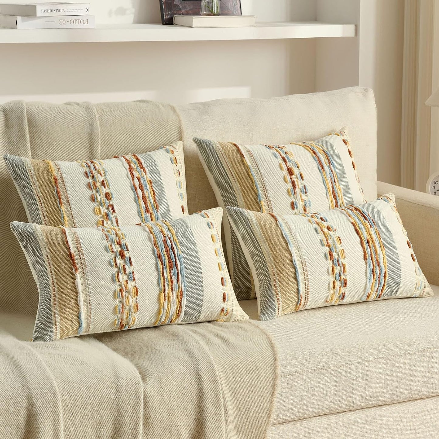 FUTEI Pack of 2 Boho Chenille Decorative Throw Pillow Covers 18x18 Inch Soft Tufted Striped Textured Cushion Case,Farmhouse Accent for Couch Bed Living Room, Rust Blue Yellow