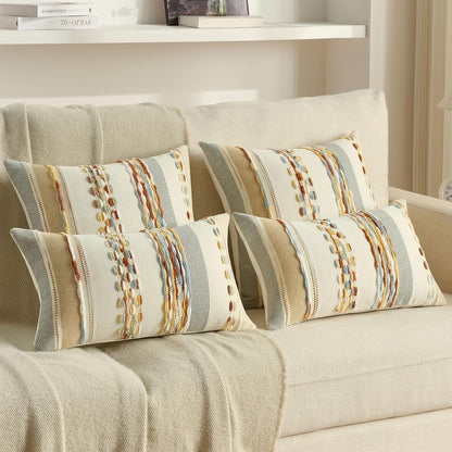 FUTEI Pack of 2 Boho Chenille Decorative Throw Pillow Covers 18x18 Inch Soft Tufted Striped Textured Cushion Case,Farmhouse Accent for Couch Bed Living Room, Rust Blue Yellow