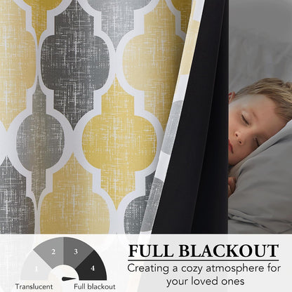 Beauoop 100% Blackout Curtains 108 Inches Long 2 Panels for Bedroom Living Room Yellow Grey Moroccan Geo Room Darkening Thermal Insulated Soundproof Grommet Top Window Treatments Drapes, 50x108x2