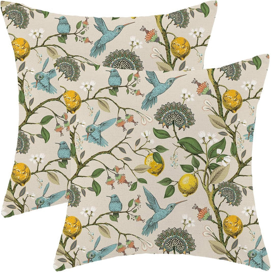 Vintage Floral Pillow Covers 18x18 Set of 2 Chinoiserie Blue Green Bird Floral Throw Pillows Boho Yellow Lemon Blue Bird Flowers Pillowcase Outdoor Decor Linen Cushion Cases for Bed Sofa Couch