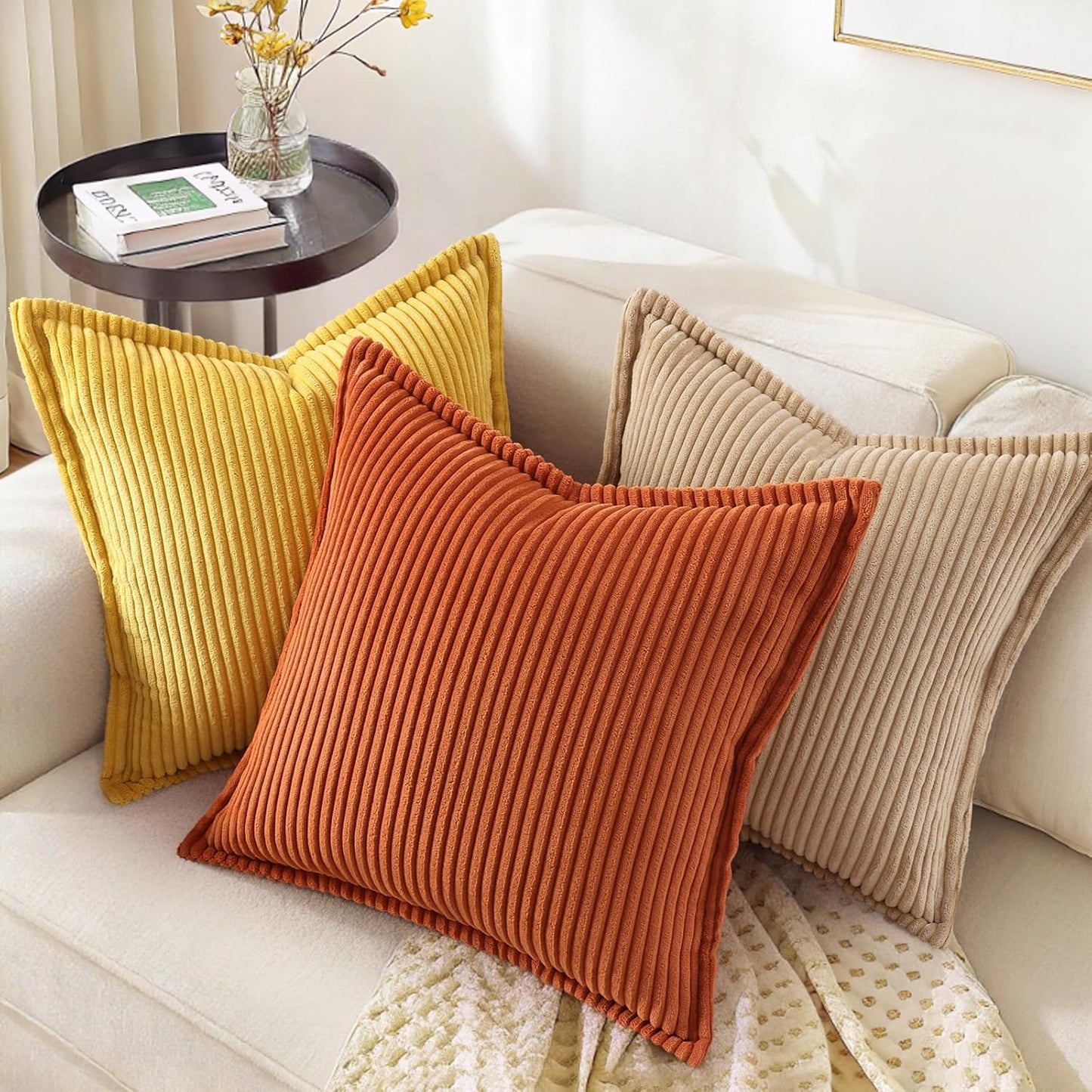 decorUhome Fall Corduroy Mustard Yellow Euro Sham Throw Pillow Covers 22x22 Set of 2 Decorative Soft Boho Farmhouse Couch Pillow Covers for Living Room Bed Sofa Broadside Striped Pillow Cases
