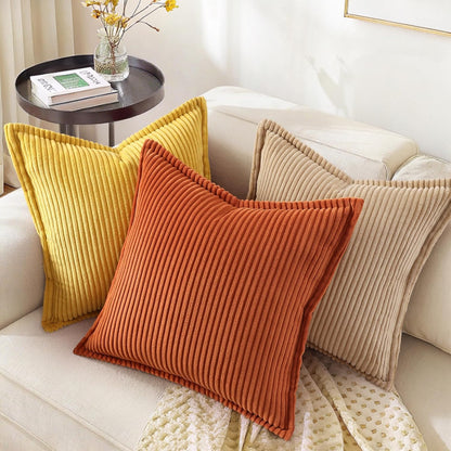 decorUhome Fall Corduroy Mustard Yellow Euro Sham Throw Pillow Covers 22x22 Set of 2 Decorative Soft Boho Farmhouse Couch Pillow Covers for Living Room Bed Sofa Broadside Striped Pillow Cases