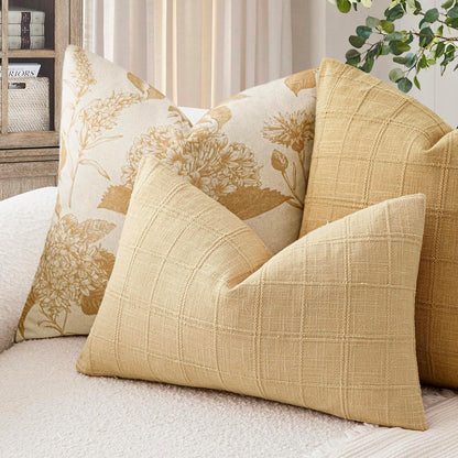 Foindtower Set of 1 Decorative Linen Check Throw Pillow Cover Neutral Farmhouse Lumbar Cushion Cover Modern Boho Accent Home Decor for Sofa Chair Couch Bedroom Living Room,12×20 Inch,Light Yellow