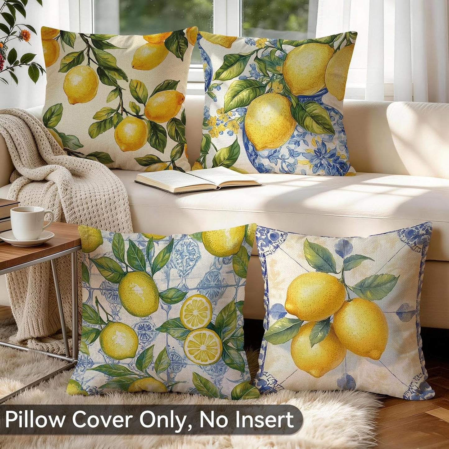 Summer Lemon Throw Pillow Covers, 18X18 inch Set of 4 Square Modern Outdoor Pillow Cases Decorative Cushion Covers, for Home Couch Sofa Car Decor