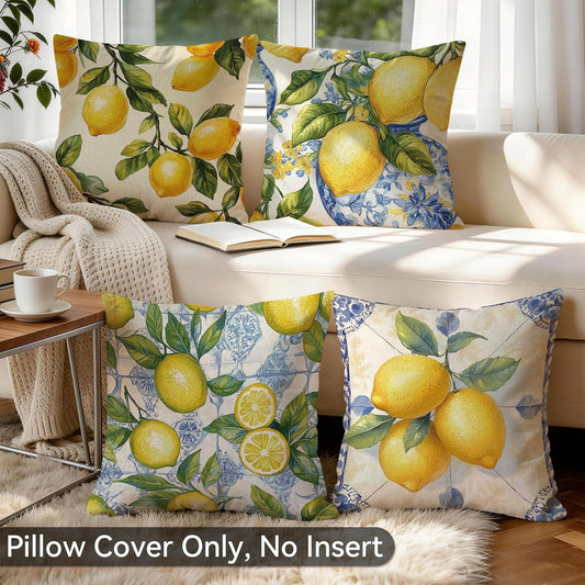 Summer Lemon Throw Pillow Covers, 18X18 inch Set of 4 Square Modern Outdoor Pillow Cases Decorative Cushion Covers, for Home Couch Sofa Car Decor