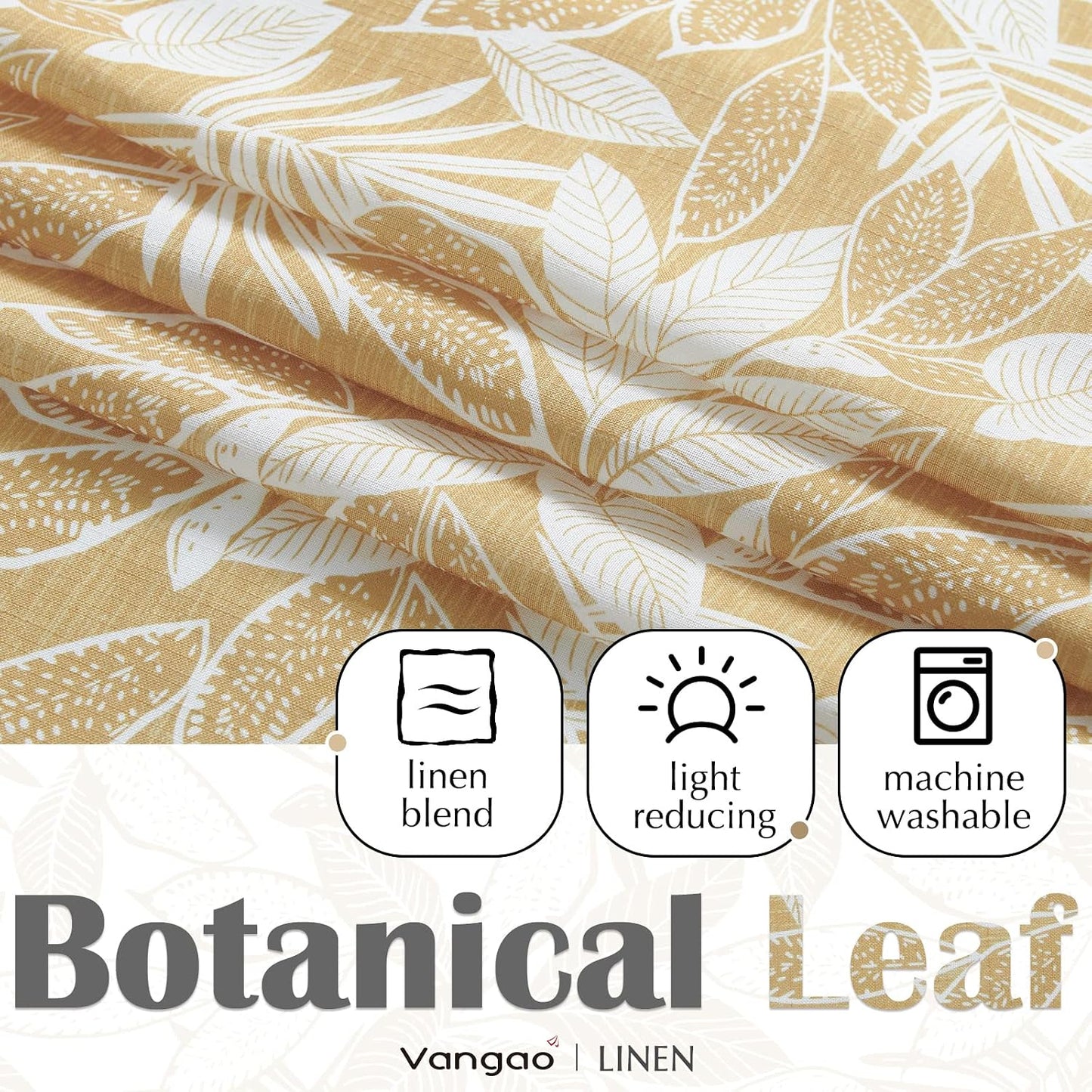 Vangao Floral Kitchen Valance for Windows Farmhouse Linen Valance for Living Room Leaf Print Double Layer Blackout Rod Pocket 16 Inch 1 Panel Mustard on White