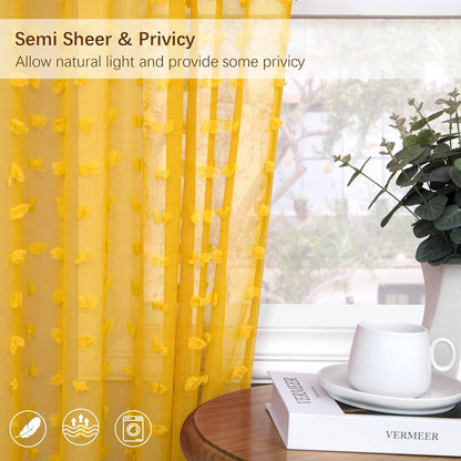 Mustard Yellow Sheer Curtains 84 Inch Length 2 Panels for Spring Living Dining Room Bedroom Boho Farmhouse Gold Semi Sheer Pom Poms Tufted Curtain 84 Inches Long for Nursery Girls Kids Room Back Tab
