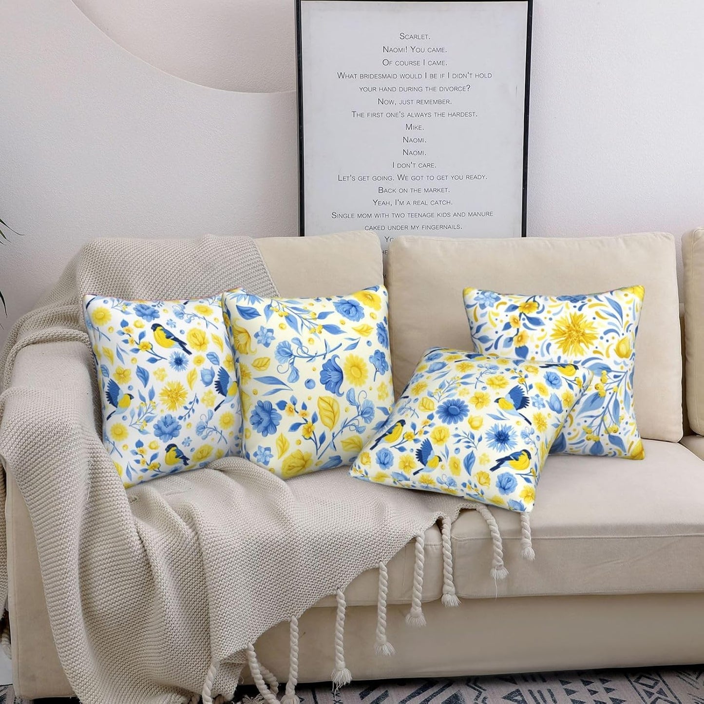 Blue and Yellow Floral Bird Pillow Covers 18x18 Inch Set of 4 Decorative Throw Pillows Abstract Pillowcases for Cushion Cover Sofa Bed Couch Living Room Home Decor